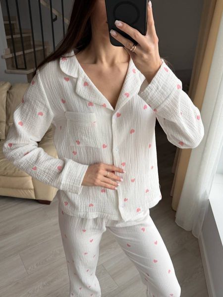 Піжама муслін молочна (рожеві сердечка) XS-S 1737 1737 фото